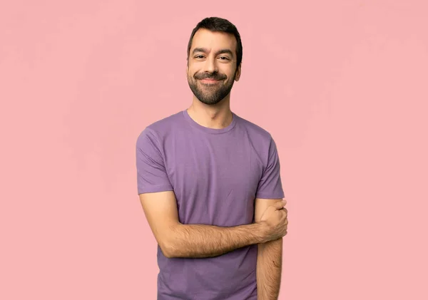 Handsome Man Happy Expression Isolated Pink Background — Stock Photo, Image