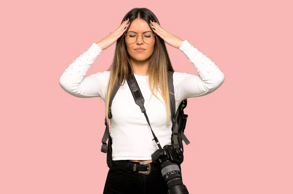 Young Photographer Woman Unhappy Frustrated Something Isolated Pink Background — Stock Photo, Image