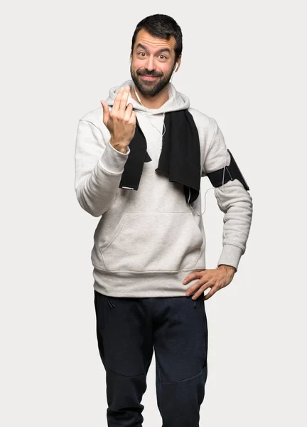 Homem Esporte Convidando Para Vir Com Mão Feliz Que Você — Fotografia de Stock