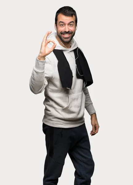 Sport Man Showing Sign Fingers Isolated Grey Background — Stock Photo, Image