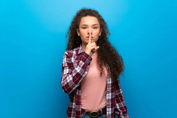 Teenager Girl Blue Wall Showing Sign Silence Gesture Putting Finger — Stock Photo, Image