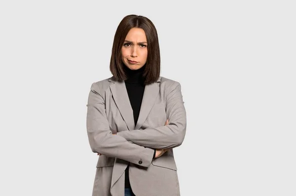 Young Business Woman Feeling Upset Isolated Grey Background — Stock Photo, Image