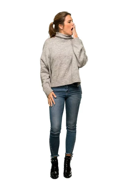 Full Length Shot Blonde Woman Turtleneck Yawning Covering Wide Open — Stock Photo, Image