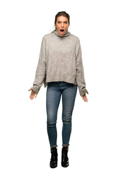 Full Length Shot Blonde Woman Turtleneck Surprise Facial Expression Isolated — Stock Photo, Image
