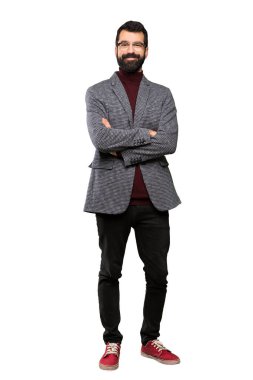 Gözlüklü frontal bulunduğu izole beyaz arka plan üzerinde çarpı işareti silah tutmak yakışıklı adam