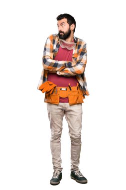 Omuz izole beyaz arka plan üzerinde kaldırma sırasında yapma şüpheler jest esnaf dostum