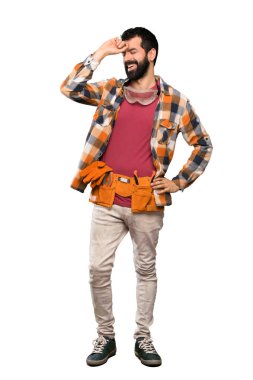 Esnaf adam bir şey ve çözüm izole beyaz arka plan üzerinde niyetinde gerçekleştirmiştir