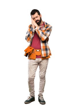 Ustalar yaparken uyku jest dorable ifade izole beyaz arka plan üzerinde dostum.