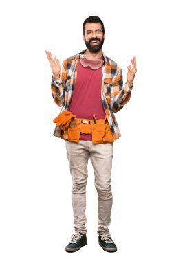 Çok izole beyaz arka plan üzerinde gülümseyen esnaf adam