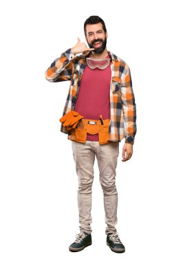 Esnaf adam telefon jest yapma. Bana arka işaret izole beyaz arka plan üzerinde de