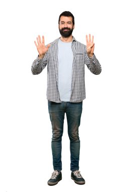 Sekiz parmak ile izole beyaz arka plan üzerinde sayma sakallı yakışıklı adam
