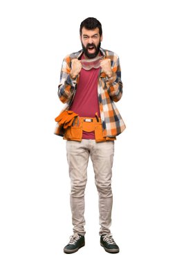 Esnaf adam izole beyaz arka plan üzerinde kötü bir durum tarafından hayal kırıklığına