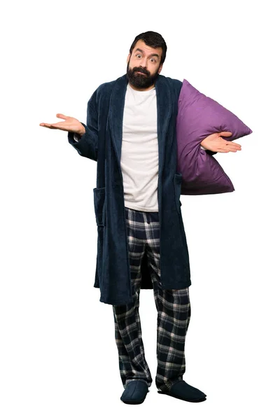 Hombre Con Barba Pijama Teniendo Dudas Mientras Levanta Las Manos — Foto de Stock