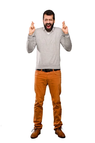 Hombre Guapo Con Dedos Cruzando Sobre Fondo Blanco Aislado — Foto de Stock