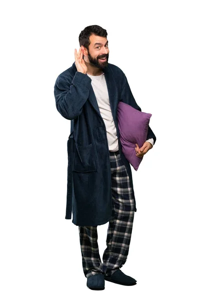 Mann Mit Bart Schlafanzug Hört Etwas Indem Die Hand Auf — Stockfoto