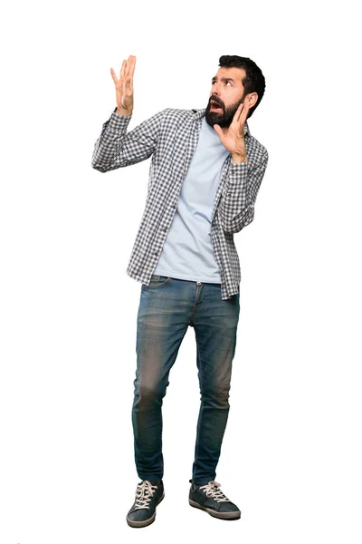 Bonito Homem Com Barba Nervosa Assustada Sobre Fundo Branco Isolado — Fotografia de Stock