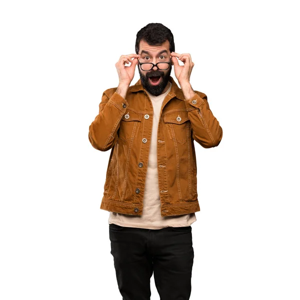 Handsome Man Beard Glasses Surprised Isolated White Background — Stock Photo, Image