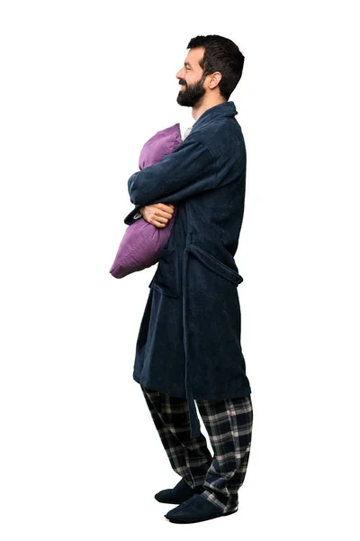 Homme Avec Barbe Pyjama Position Latérale Sur Fond Blanc Isolé — Photo