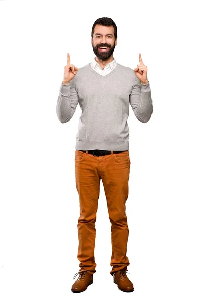 Hombre Guapo Señalando Una Gran Idea Sobre Fondo Blanco Aislado — Foto de Stock