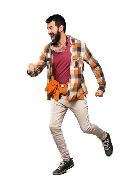 Artesãos Homem Andando Sobre Fundo Branco Isolado — Fotografia de Stock