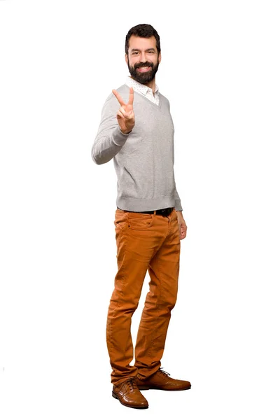 Handsome Man Smiling Showing Victory Sign Isolated White Background — Stock Photo, Image