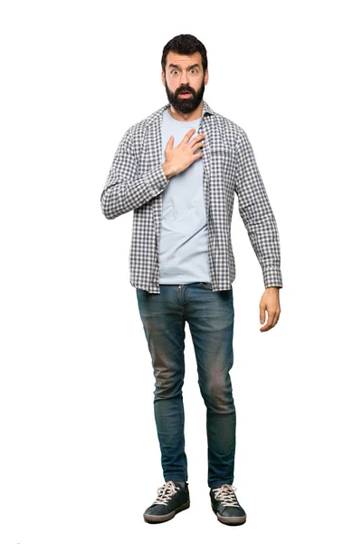 Handsome Man Beard Surprised Shocked While Looking Right Isolated White — Stock Photo, Image