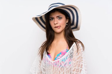 Genç kız yaz tatili şüpheleri ve karıştırmayın yüz ifadesi ile