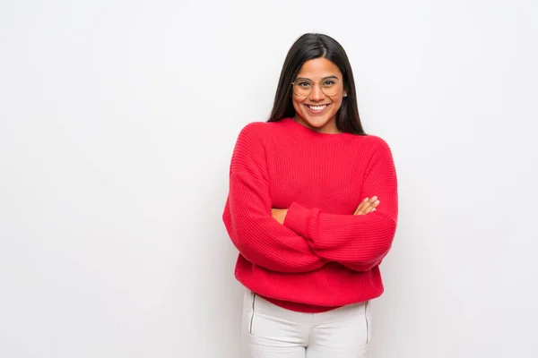 Jovem Colombiana Com Camisola Vermelha Com Óculos Feliz — Fotografia de Stock