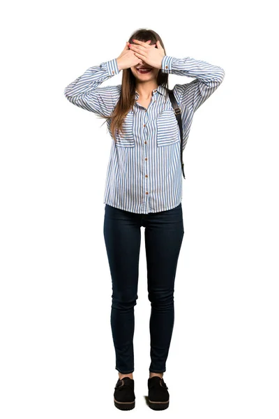 Full Length Shot Woman Glasses Covering Eyes Hands Surprised See — Stock Photo, Image