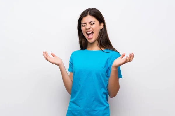 Dospívající Dívka Modrou Košili Úsměvem Hodně — Stock fotografie