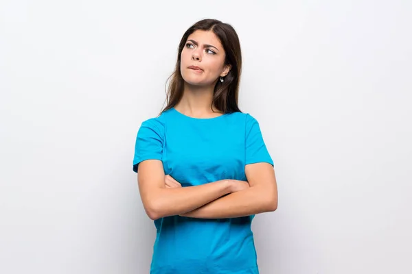Ragazza Adolescente Con Camicia Blu Con Espressione Del Viso Confusa — Foto Stock