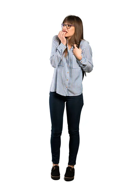 Full Length Shot Woman Glasses Nervous Scared Putting Hands Mouth — Stock Photo, Image