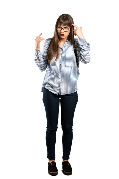 Foto Completa Mujer Con Gafas Haciendo Gesto Locura Poniendo Dedo — Foto de Stock