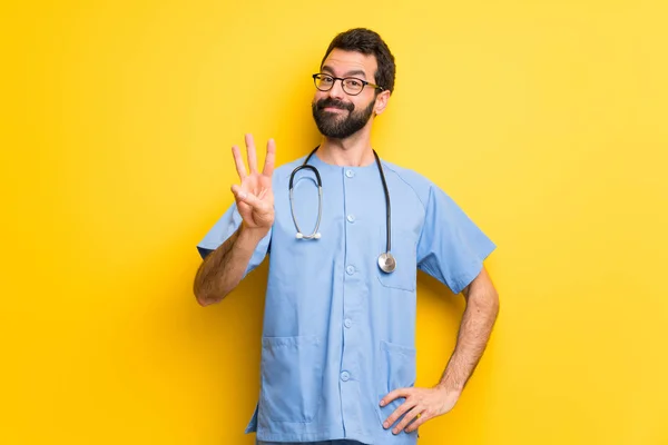 Sebész Orvos Ember Boldog Számolás Három Ujjal — Stock Fotó