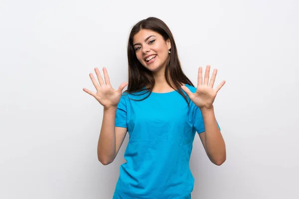 Teenager Mädchen Mit Blauem Hemd Das Mit Den Fingern Zehn — Stockfoto