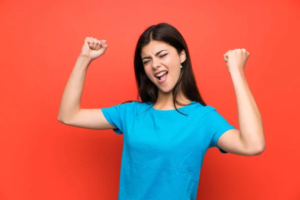 Teenager Girl Blue Shirt Celebrating Victory — Stock Photo, Image