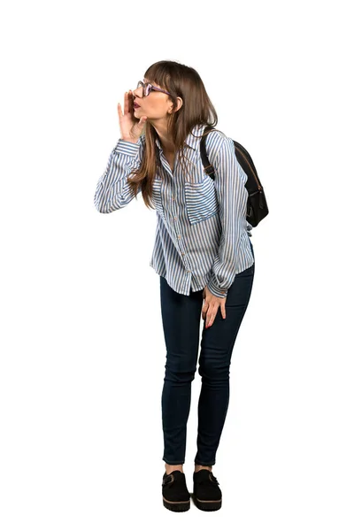 Kadın Tam Uzunlukta Atış Ile Ağız Geniş Bağırarak Gözlük Ile — Stok fotoğraf