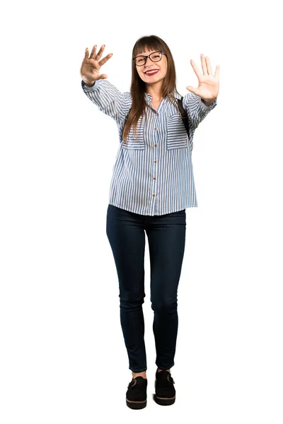 Tirador Cuerpo Entero Mujer Con Gafas Contando Diez Con Dedos —  Fotos de Stock