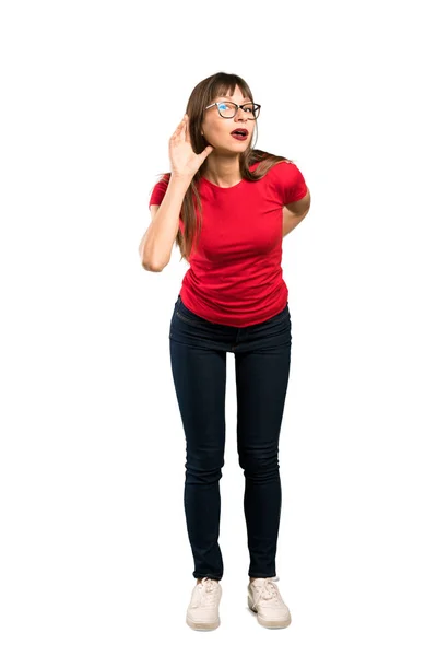 Full Length Shot Woman Glasses Listening Something Putting Hand Ear — Stock Photo, Image