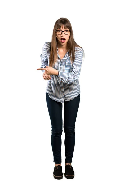 Full Length Shot Woman Glasses Surprised Pointing Finger Side — Stock Photo, Image