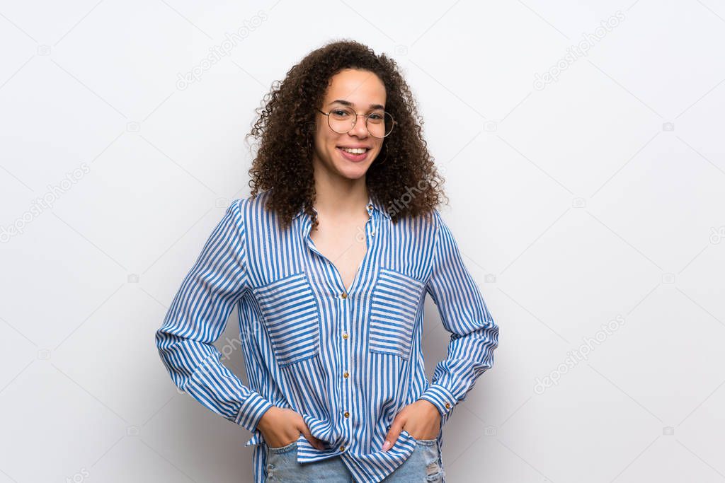 Dominican woman with striped shirt With happy expression