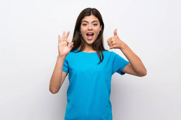 Adolescente Avec Chemise Bleue Montrant Signe Pouce Geste — Photo