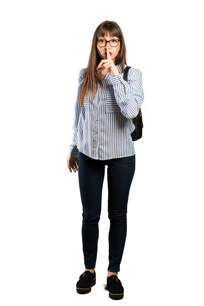 Full Length Shot Woman Glasses Showing Sign Silence Gesture Putting — Stock Photo, Image