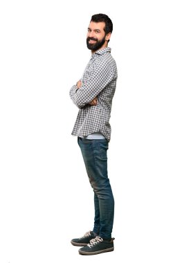 Yakışıklı adam geçti silah sakal ve izole beyaz arka plan üzerinde dört gözle