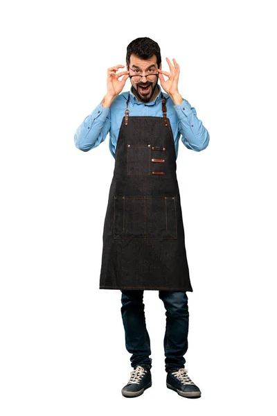 Full Length Shot Man Apron Glasses Surprised Isolated White Background — Stock Photo, Image