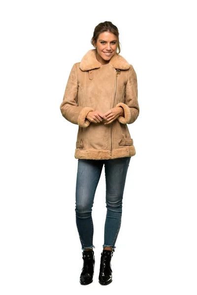 Full Length Shot Blonde Woman Coat Laughing Looking Front Isolated — Stock Photo, Image