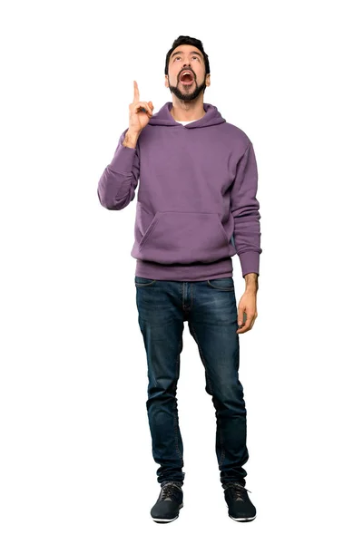 Full Length Shot Handsome Man Sweatshirt Pointing Surprised Isolated White — Stock Photo, Image