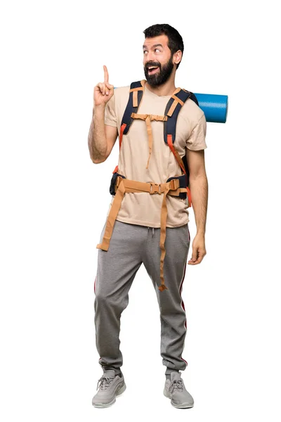 Hombre Excursionista Con Intención Realizar Solución Mientras Levanta Dedo Sobre — Foto de Stock