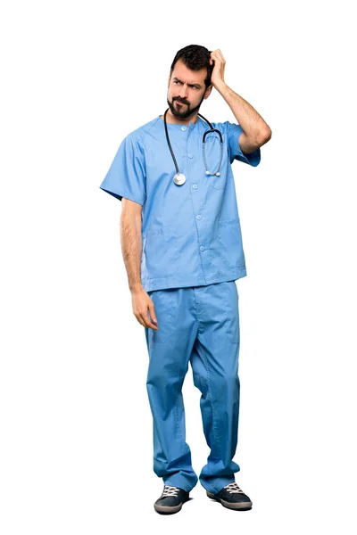 Full Length Shot Surgeon Doctor Man Having Doubts While Scratching — Stock Photo, Image