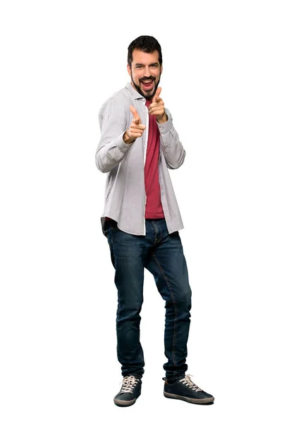 Foto Cuerpo Entero Hombre Guapo Con Barba Apuntando Hacia Frente — Foto de Stock